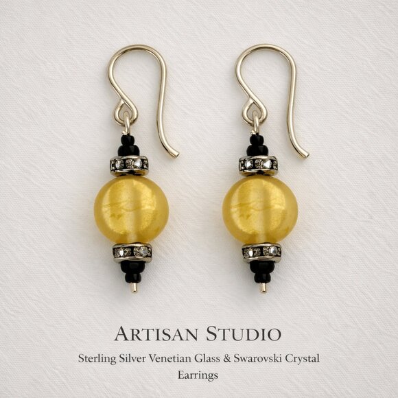 Artisan Jewelry - Artisan Sterling Silver Swarovski Crystal 24K Gold Lined Venetian Glass Earrings